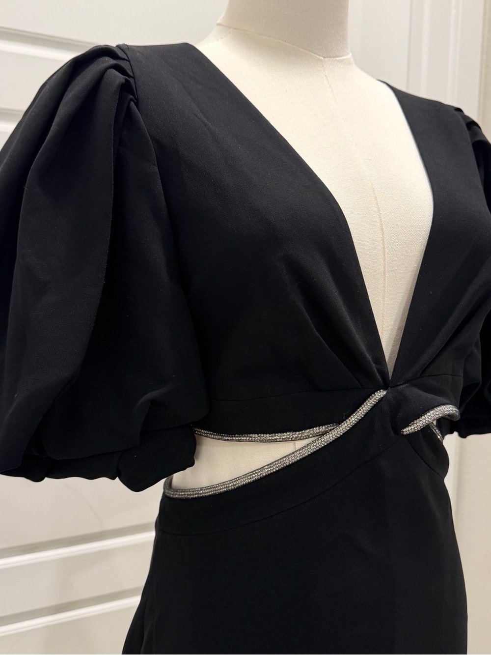 A.L.C. Black Mini Dress with Puff Sleeves and Waist Cutouts NWT - Picture 7 of 12